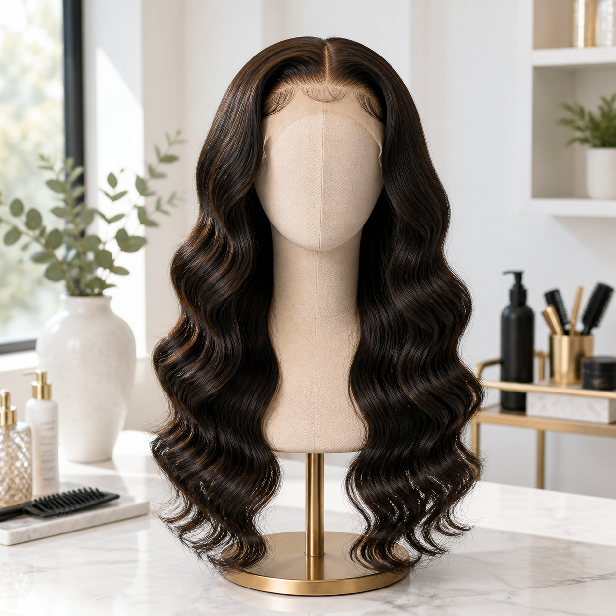 Glossy body wave wig displayed on a salon mannequin