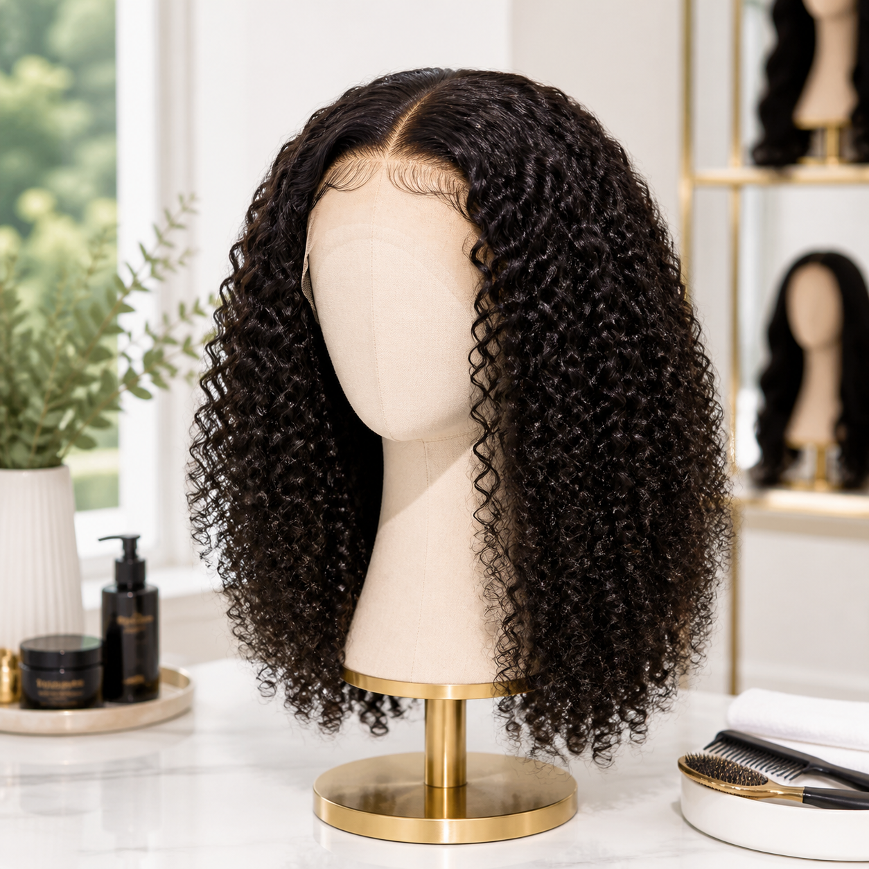 Defined curly wig displayed on a salon mannequin