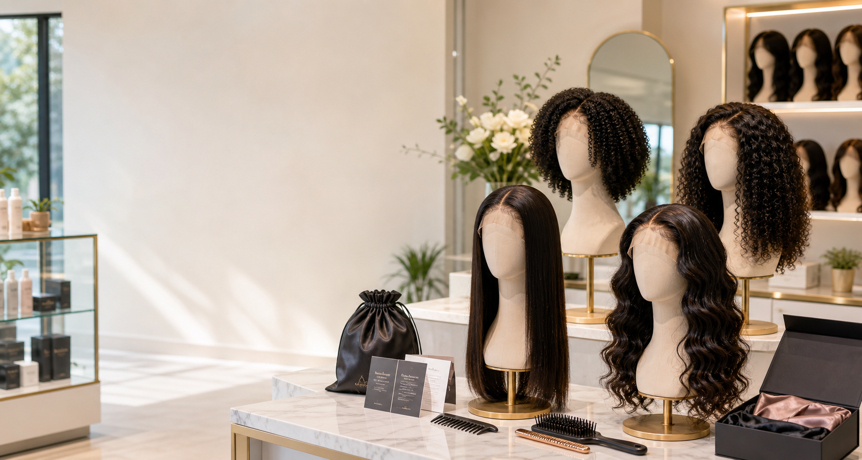 Styled wigs arranged inside a premium hair studio